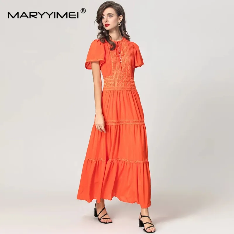 MARYYIMEI Autumn Women's Dress Round neck Lace-Up Short-Sleeved Button High waist Romantic Daily Basic Vacation Style Dresses