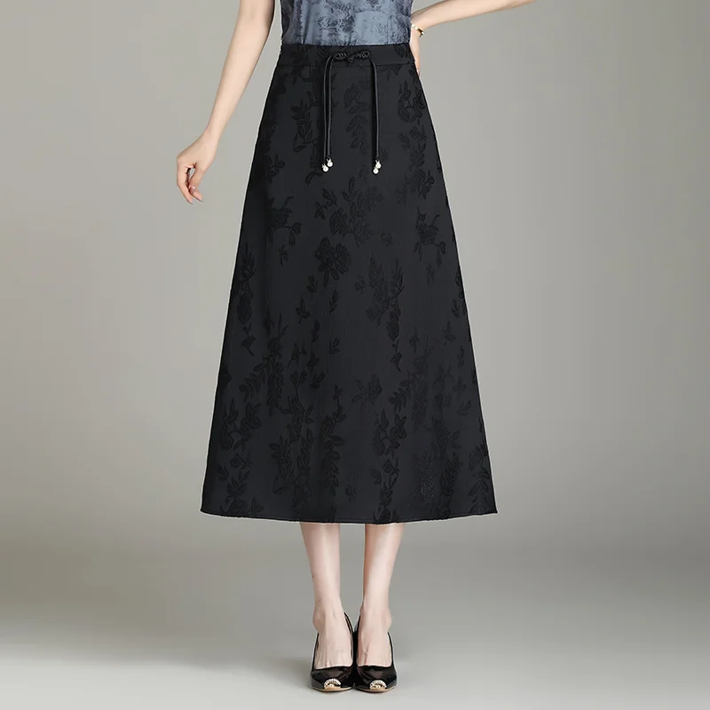 

Fall Winter Black Jacquard A-Line Dress Fashionable Unique Chinese Buckle Ornament S-3XL Size Women's Calf Belly Skirt