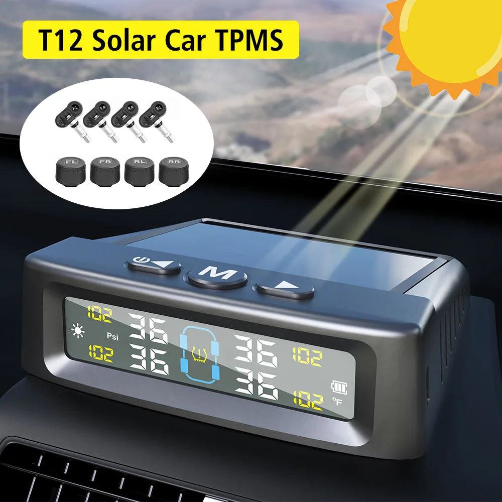 Car Tyre Pressure Monitor Tire Pressure Monitoring System Temperature Warning Fuel Save With 4 External Sensors Solar TPMS