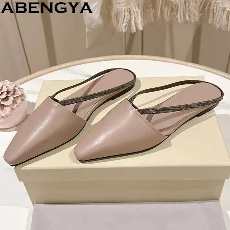 

Real Leather Flat Half Slippers Women Summer Slides Holiday Casual Shoes Women Round Toe Loafers Women's Slippers