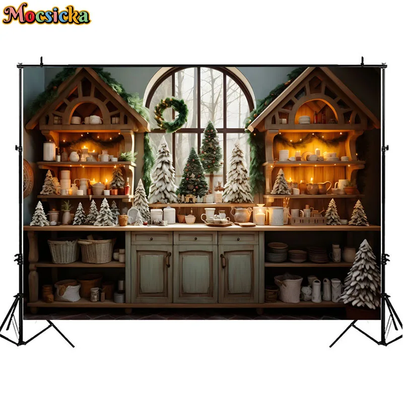 Christmas Modern Kitchen Photography Backdrops Winter Indoor Cooking Kids Portrait Cake Smash Background Xmas Tableware Props