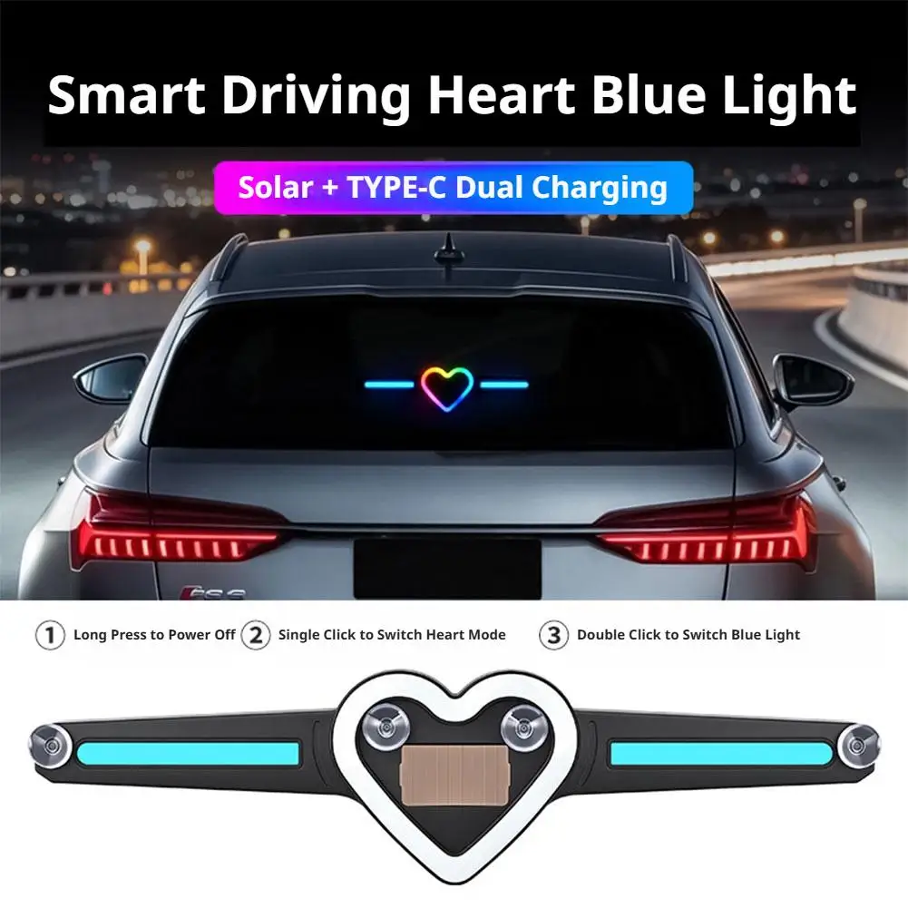 Smart Heart Shaped Car Rear Window Light Solar And Type C Dual Charging LED Atmosphere Lamp Car Interior Warning Decor Light