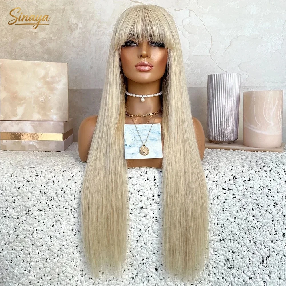 613 Blonde Straight Lace Front Wig With Bangs 13x4 HD Glueless High Quality Synthetic And Blend Heat Resistant Party Cosplay