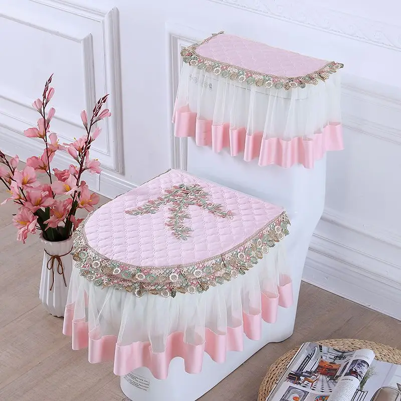 Toilet Mat  3 Piece Set Four Seasons Universal Toilet Seat Cover Zipper Closestool Cushion New Lace Fabric Toilet Pedestal Ring