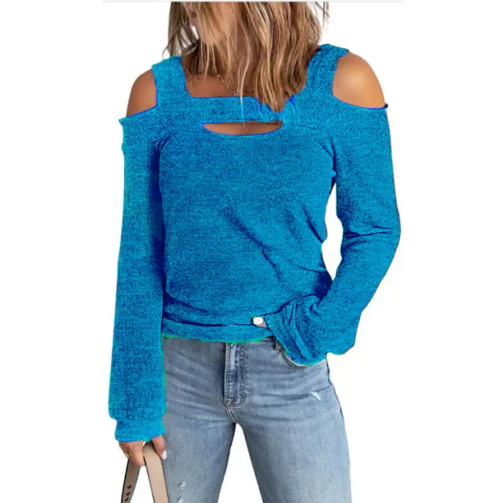 

Women's Casual Solid Color Long Sleeve T-shirt Autumn Winter Fashion Shoulder Loose Fit European American Style Top