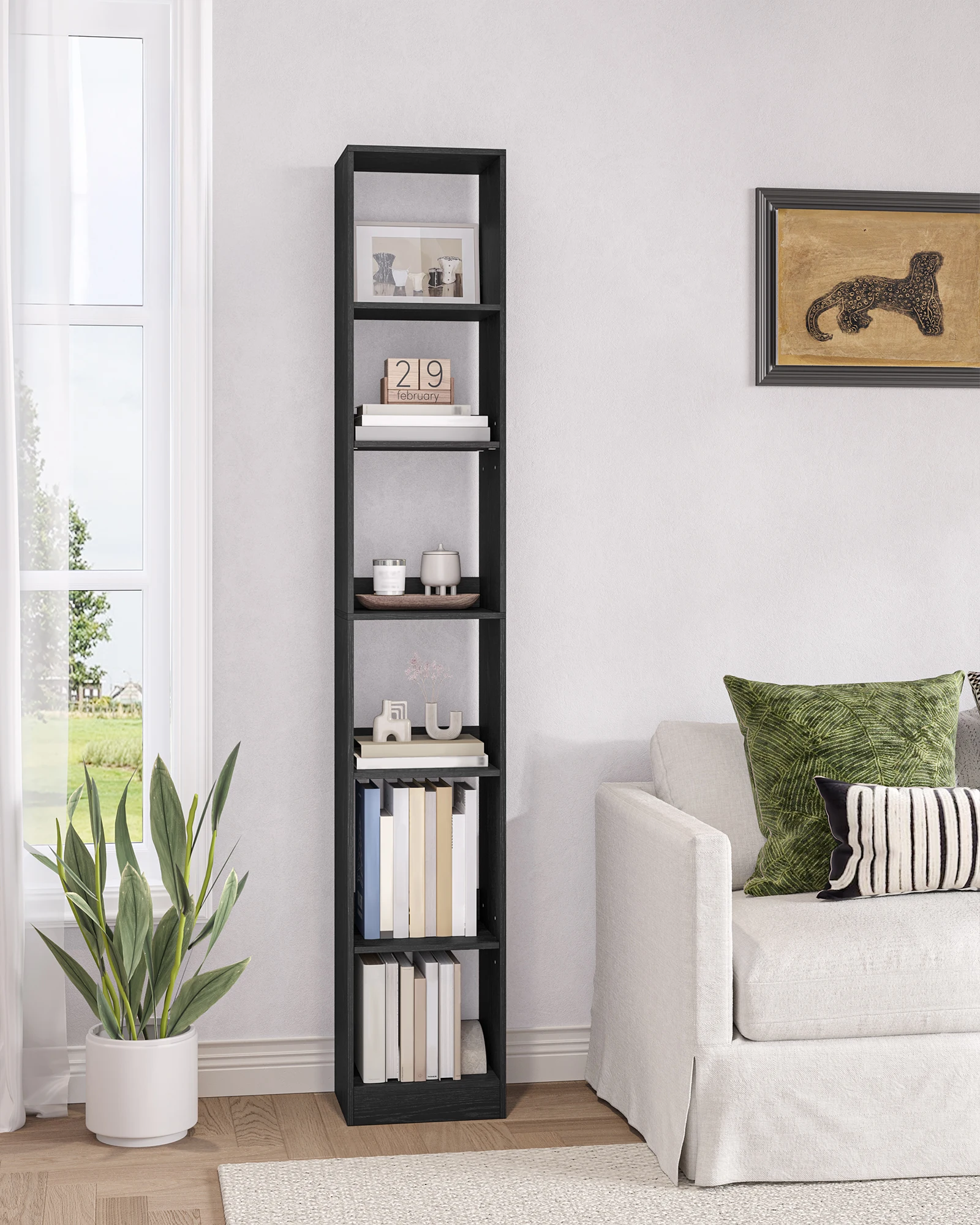 Librería Alta y Estrecha, Librería de Madera Blanca con Estante Abierto, para Sala de Estar, Oficina en Casa, Dormitorio, 6 Niveles
