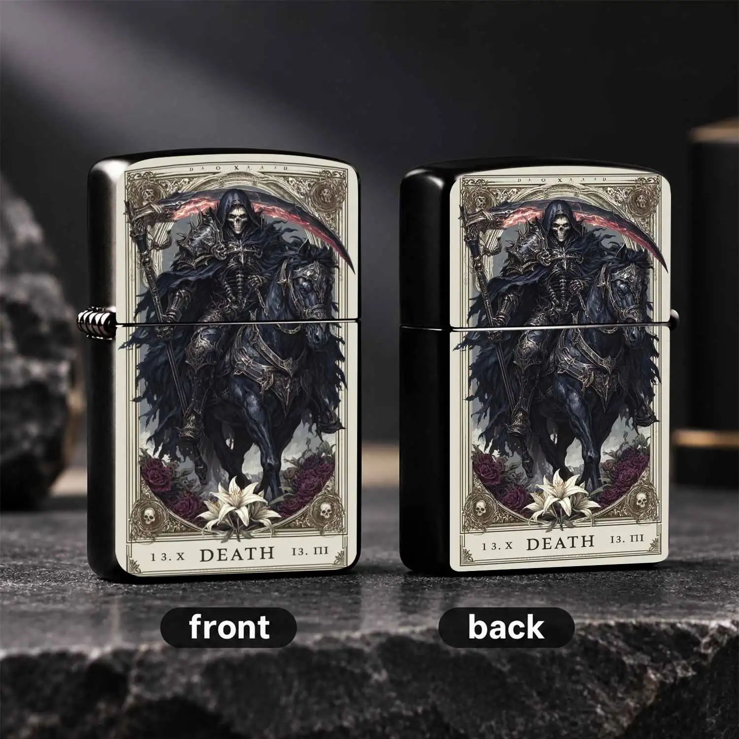 Dark Tarot No.13 Themed Portable Lighter, Ornate Horseman Skeleton Pattern, Vintage Gothic Art Desktop Decor, Versatile For Indoor Outdoor Scenes, Unique Collectible Gift For Tarot Lovers A Humorous And Interesting Lighter