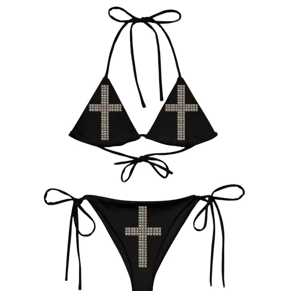 

Personalized Cross Rhinestone Bikini New Women's Clothing Split Strap Sexy Swimsuit Y2k Style