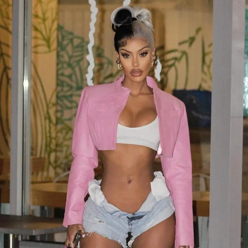 Sexy roze basic baseballjas motorfiets sle faion damestop of bovenkleding rechte buis ape pure kleur PU-materiaal