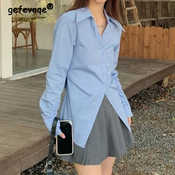 Women Trendy Harajuku Y2K Asymmetrical Design Button Shirts Spring Autumn V Neck Chic Slim Blouses Solid Long Sleeve Tunic Tops