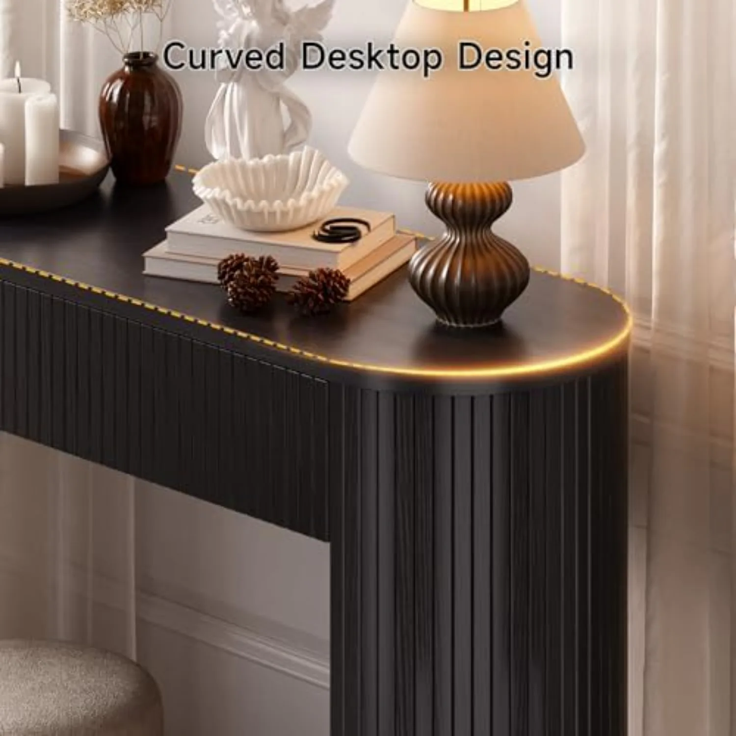 55 Inch Console Table with 2 Drawers, Entryway Tables with Storage,Black | Fluted Sofa Table Behind The Couch, Hallway view 4