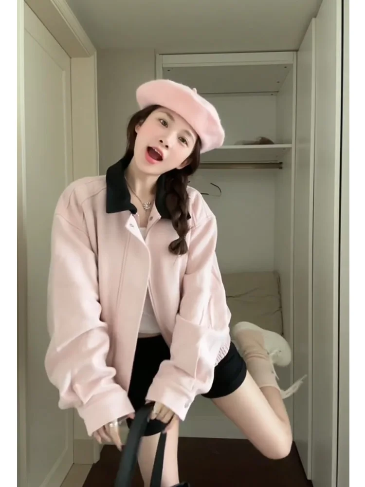 Rosa Wildleder ort Jaet Damen Frühling Herbst 2025, neue amerikanische Sle-Oberbekleidung mit gestepptem Revers und kleinem Fraance Sle