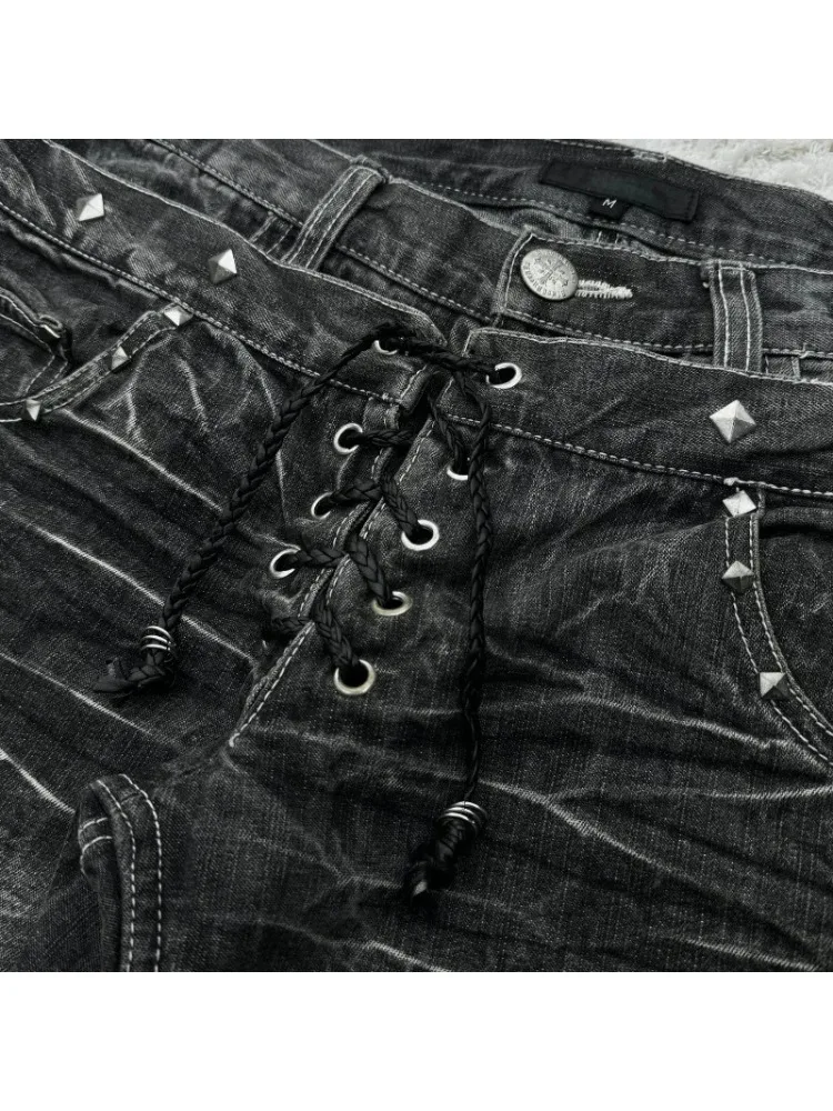 HOUZHOU Vintage Double Waisted Lace Up Micro Women Flared Jeans Y2K Washed Wide Leg American Style Denim Pants Baggy Streetwear