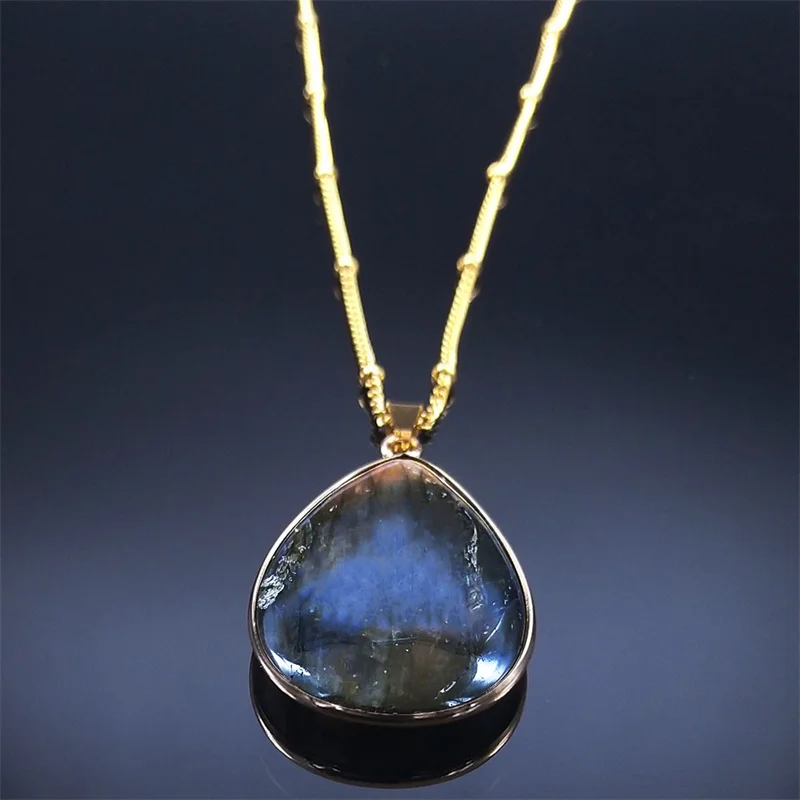 Boho Blue Labradorite Palm Necklace Water Drop Natural Healing Gem Stones Pendant Necklaces Reiki Moonstone Energy Jewelry NHH31
