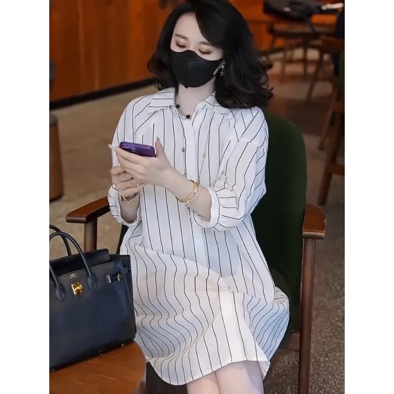 

Elegant Women Striped Shirt Dress Loose Half Sleeve Collared Comfortable Casual Office Midi Dress