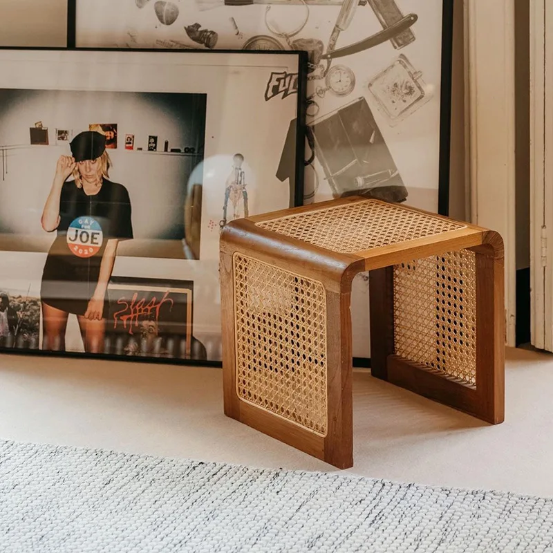 Nordic Square Side Table Solid Wood Tea Table Living Room Small Rattan Weave Japanese White Wax Wood Square Table