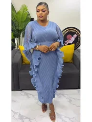ANLAN Ruffles Pleated Dress Women V Neck Hanging Loose Style Dresses with Belt Female Elegant Clothing Spring 2025 New 2AN9083