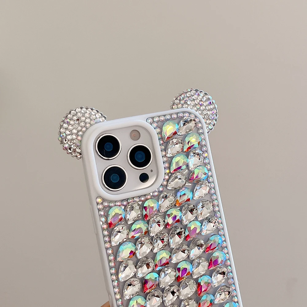 Urocze etui na telefon z uszkami 3D, zdobione diamentami, kryształkami i brokatem, do iPhone'a 17 Air 16 15 14 13 Pro Max, odporne na wstrząsy, stylowe etui na tył telefonu. — zdjęcie produktu 6