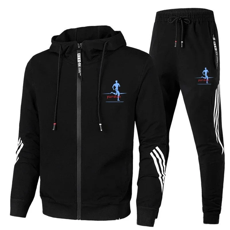 2025 spring and autumn new men's leisure sports set three bars printed hooded zipper hoodie coat pants crazy fitness sports set