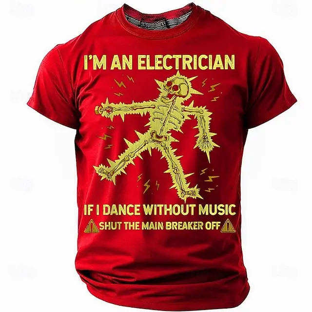 Camiseta masculina com estampa 3D de eletricista com padrão impresso em 3D, com a frase “Se não houver música ao dançar, desligue primeiro o disjuntor principal”.
