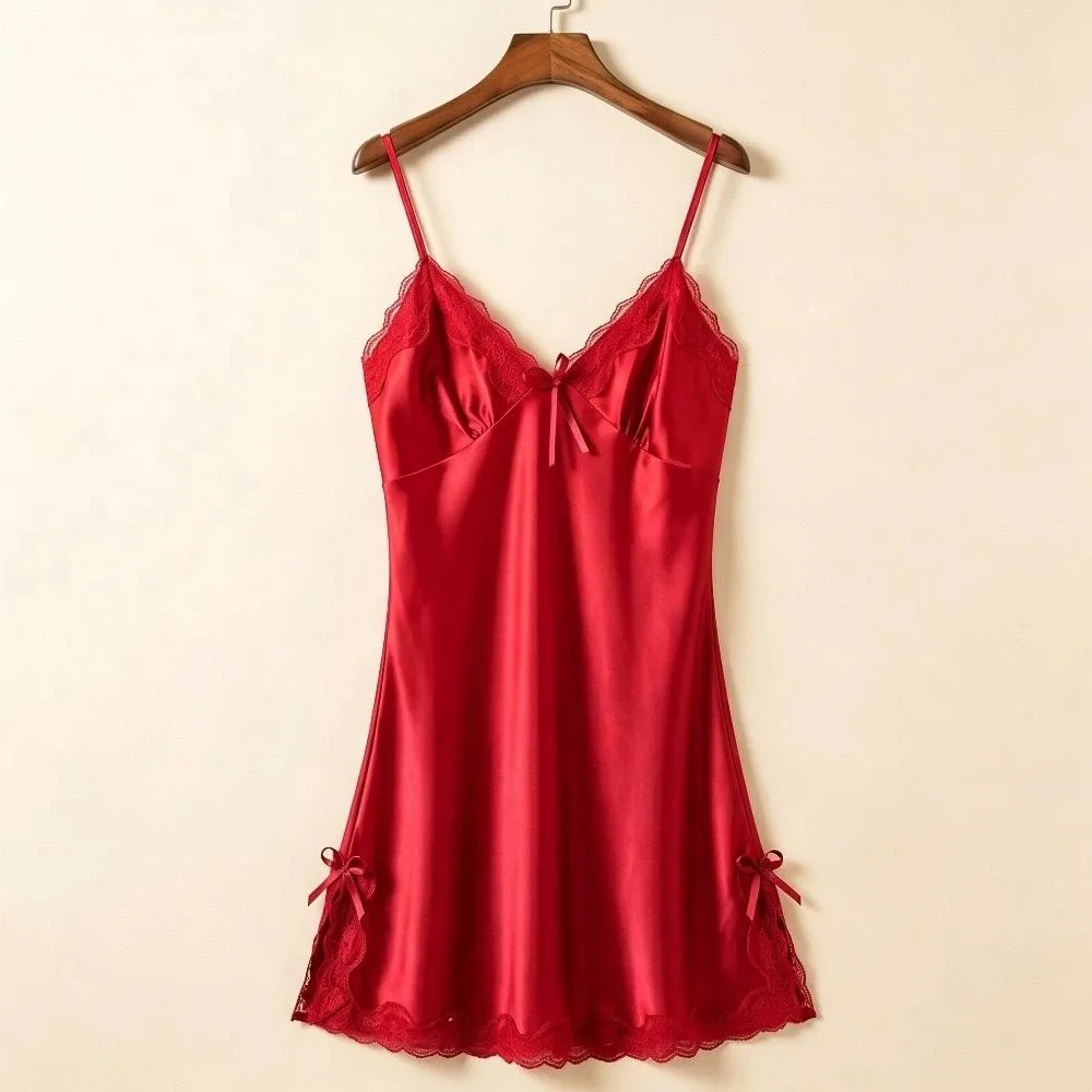 Soft Lace Sleepwear Nightdress Bowknot Breathable Women's Lace Nightgown Patchwork Sleeveless Satin Silk Nightdress Night
