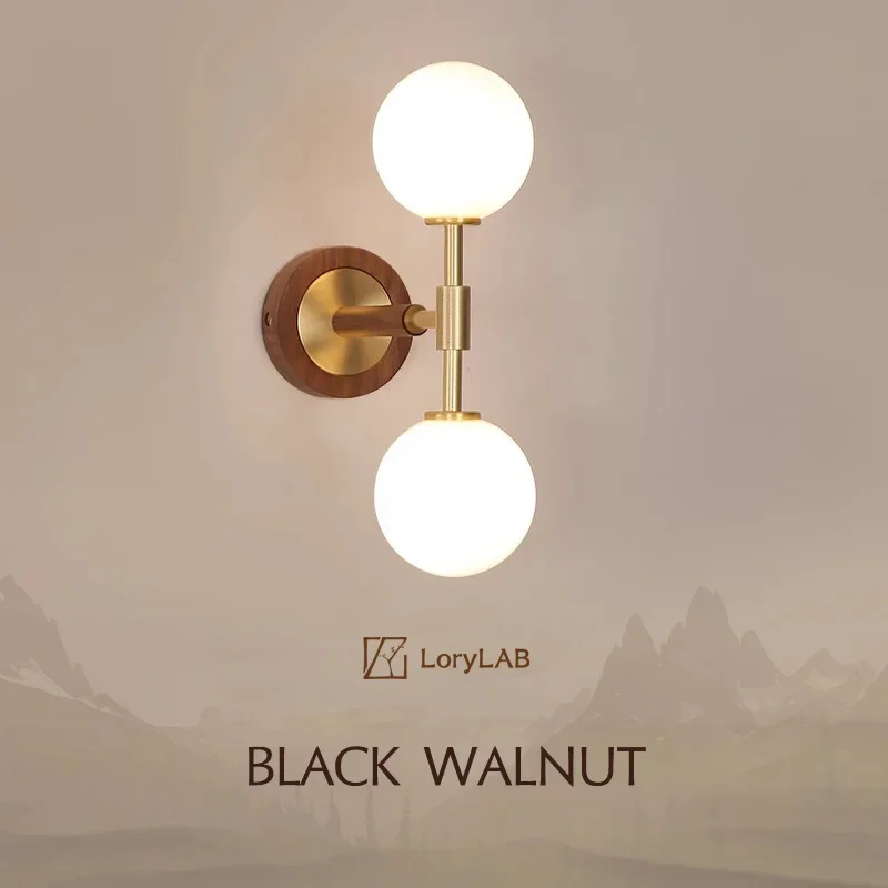 

Walnut Wood Glass Sphere Brass, Wabi-sabi Simple Modern Vintage style, Wall Sconce lighting for Bedroom, Bedside, Dining Room
