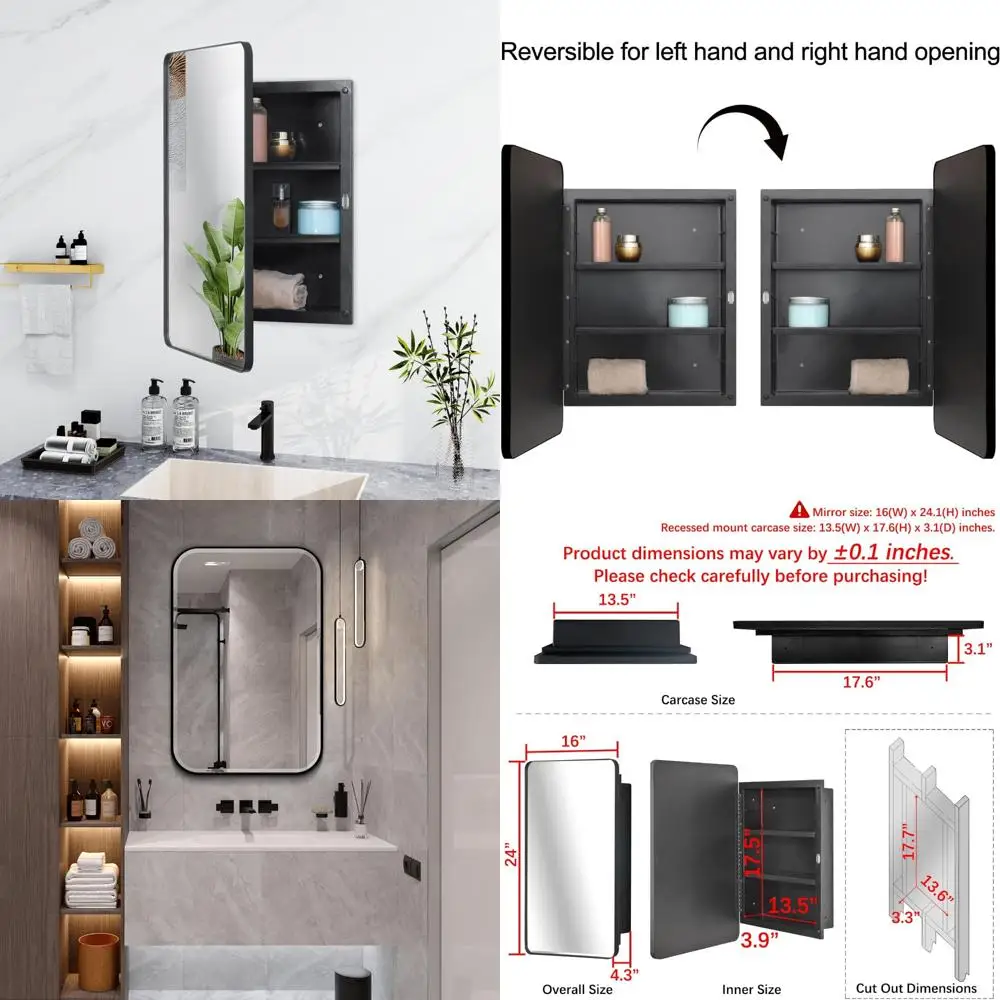 

Black Plastic Medicine Cabinet with Beveled Mirror Door and Round Corner Metal Frame - Suitable for Recessed and Surface Mount I