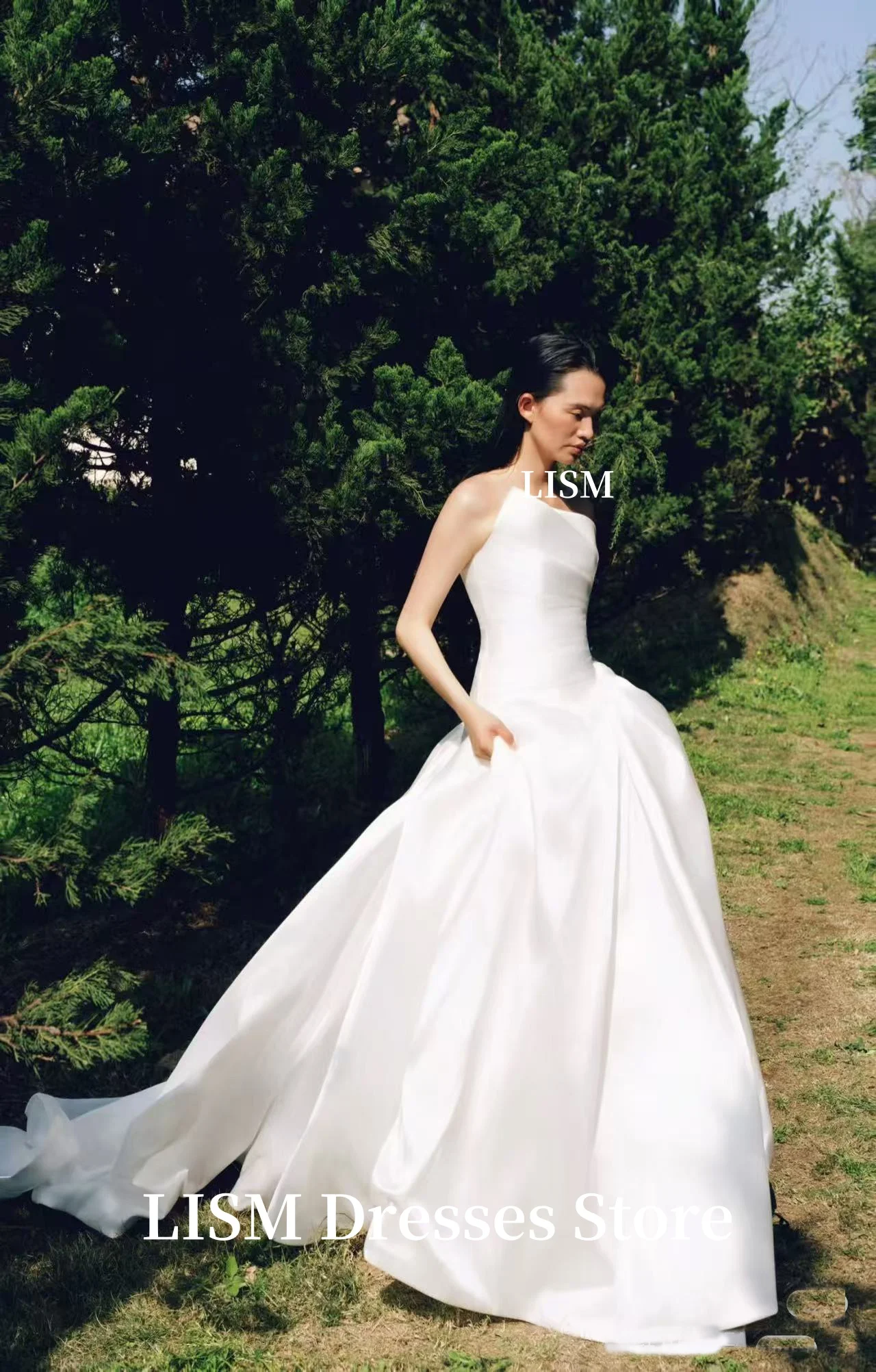 LISM Strapless A-Line เกาหลีชุดแต่งงานผ้าไหมซาติน Elegant ยาวชุดเจ้าสาว ที่กําหนดเองรัดตัวถ่ายภาพ