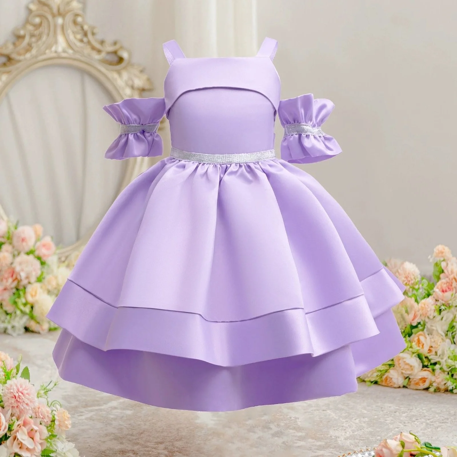 

High-End Solid Color Elegant Girls Birthday Party Dress Sweet and Exquisite Wedding Flower Girl Princess Dress Formal Costumes
