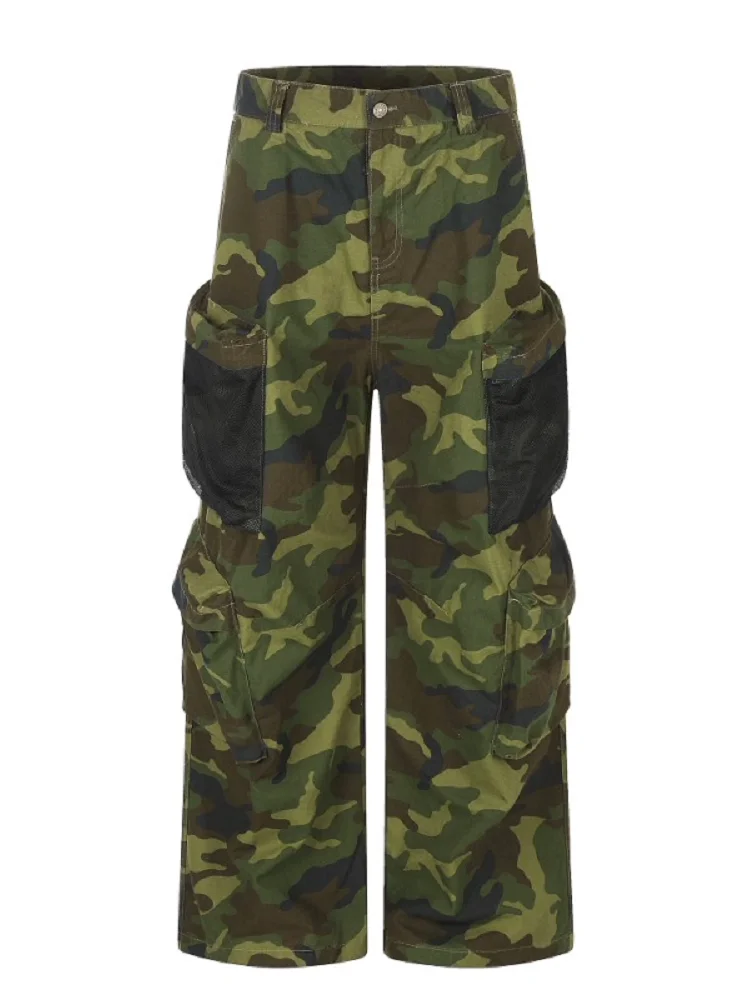 American High Street Retro Mesh Large Pocket Camouflage Gunpowder Work Pants Men Loose Straight Leg Wide Leg Lazy Casual Pants