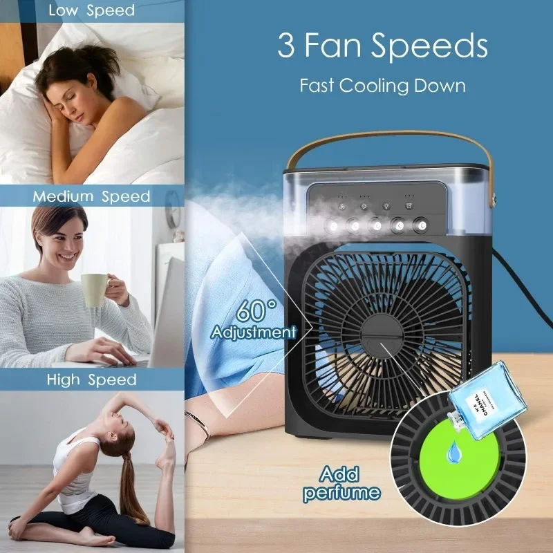 Imagem -02 - Mini Ventilador Portátil Refrigerador para Mesa ar Condicionado Velocidades de Vento Modos de Pulverização Mesa de Noite Temporizador h