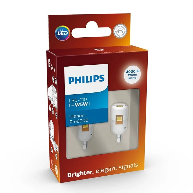 PHILIPS Genuine Ultinon Pro6000 LED T10 W5W 24V Truck Bulb 4000K Warm‑White Auto Side Marker Position Interior Signal Light Pair