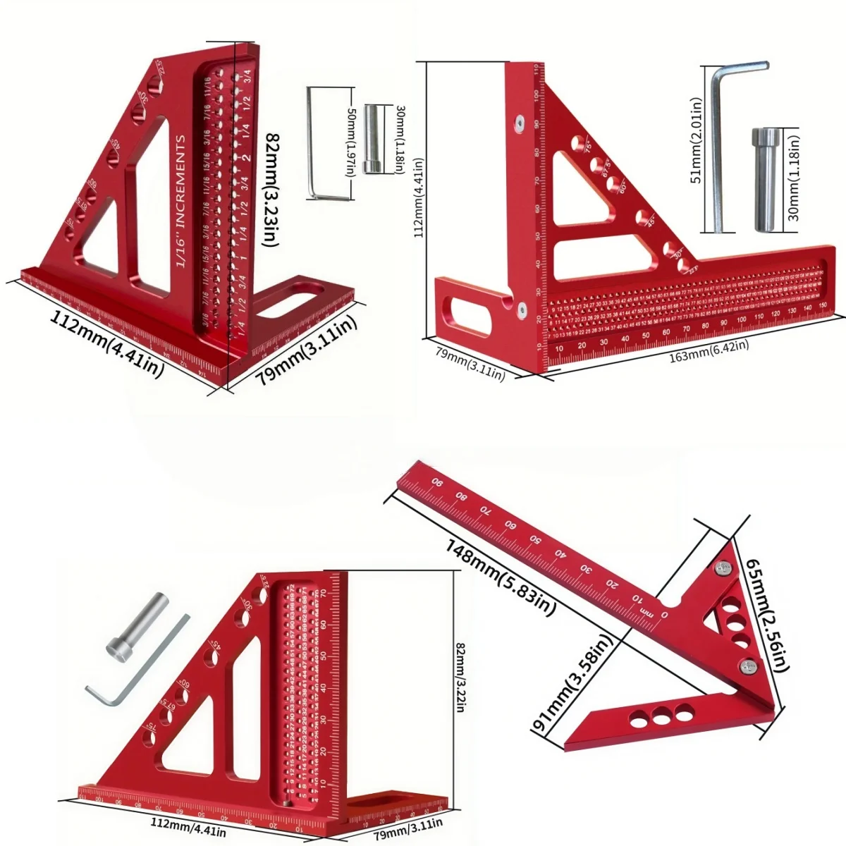 2-piece Metric/Inch Center Scribe & 3D Multi-Angle Measuring Ruler, 22.5°-90° Precision Carpenter Tool with Miter Triangle Ruler