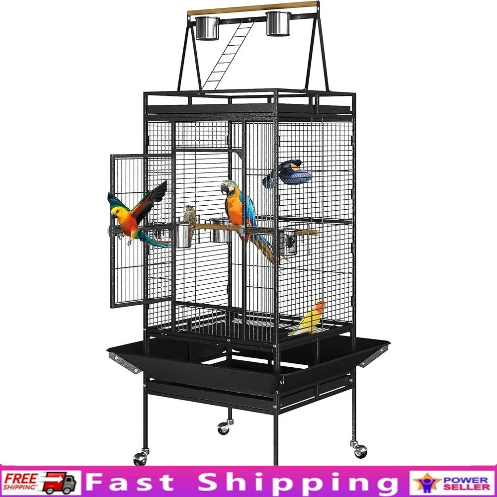 

Large Wrought Iron Bird Cage with Play Top Cockatiel Parakeet African Grey Secure Design Easy Cleaning Caster Wheels