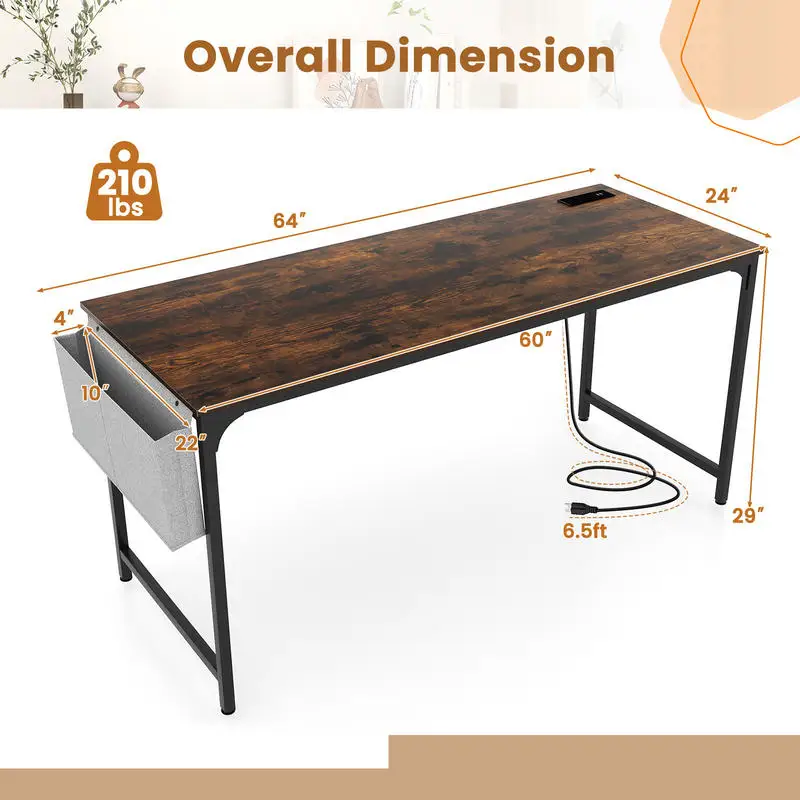 60 Inch Computer Desk With Charging Station And Storage Bag, Heavy Duty Metal Frame Rustic Brown Writing Table For Home Office Study Room