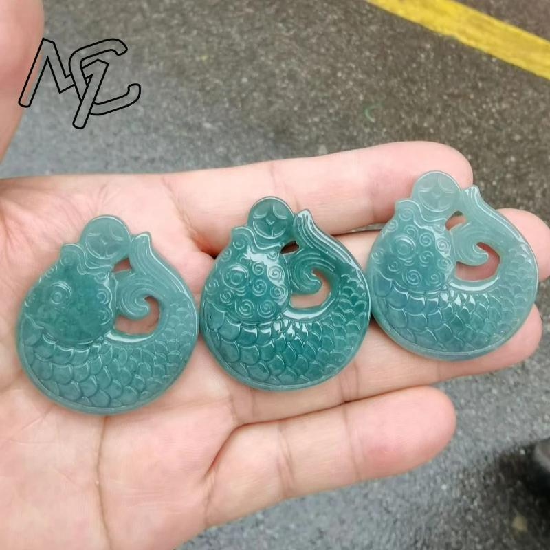 

1PC Burmese Emerald Jade Blue Water Lotus Koi Fish Pendant Jadeite Amulets Fashion Natural Emerald Jewelry Gifts for Men Women