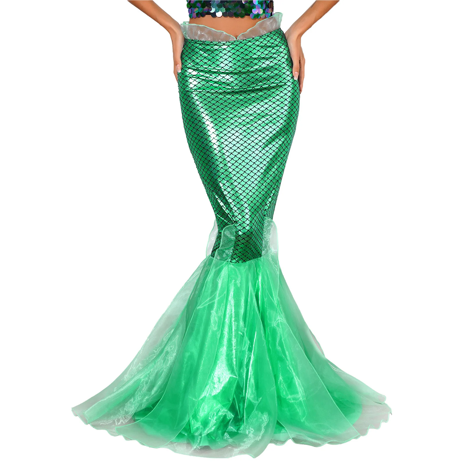 Women Long Mermaid Skirt Halloween Mermaid Costume Hologram Scale Slim Maxi Skirt Shiny Fishtail Skirt Anime Cosplay Fancy Dress