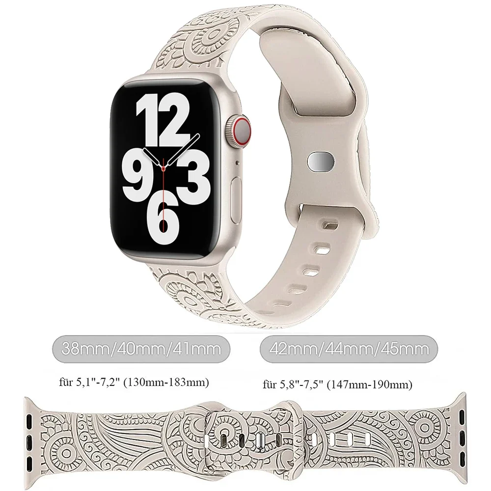 Silicone Band for Apple Watch 41mm 45mm 40mm 44mm Floral Engraved Sport Strap for iWatch Series Ultra 2 49mm 9/8/7/6/5/4/3/SE