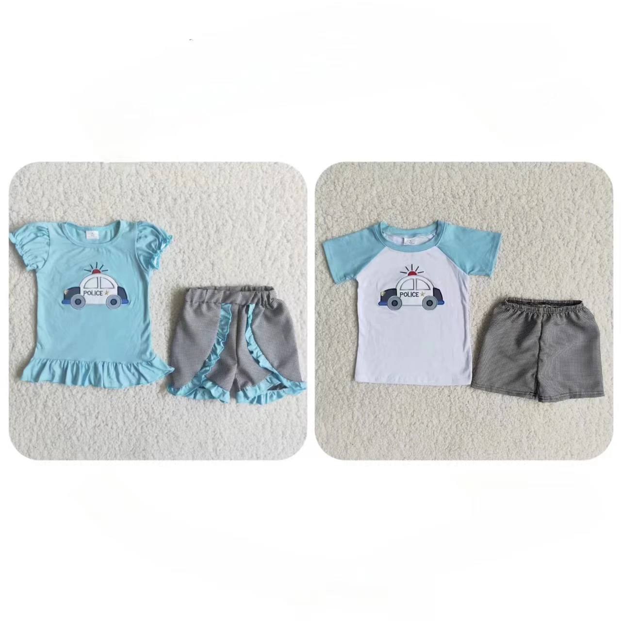 

Baby Girl Boy Matching Set Embroidery Clothing Children Summer Toddler Blue Short Sleeves Plaid Shirt Ruffle Shorts Kids Outfit