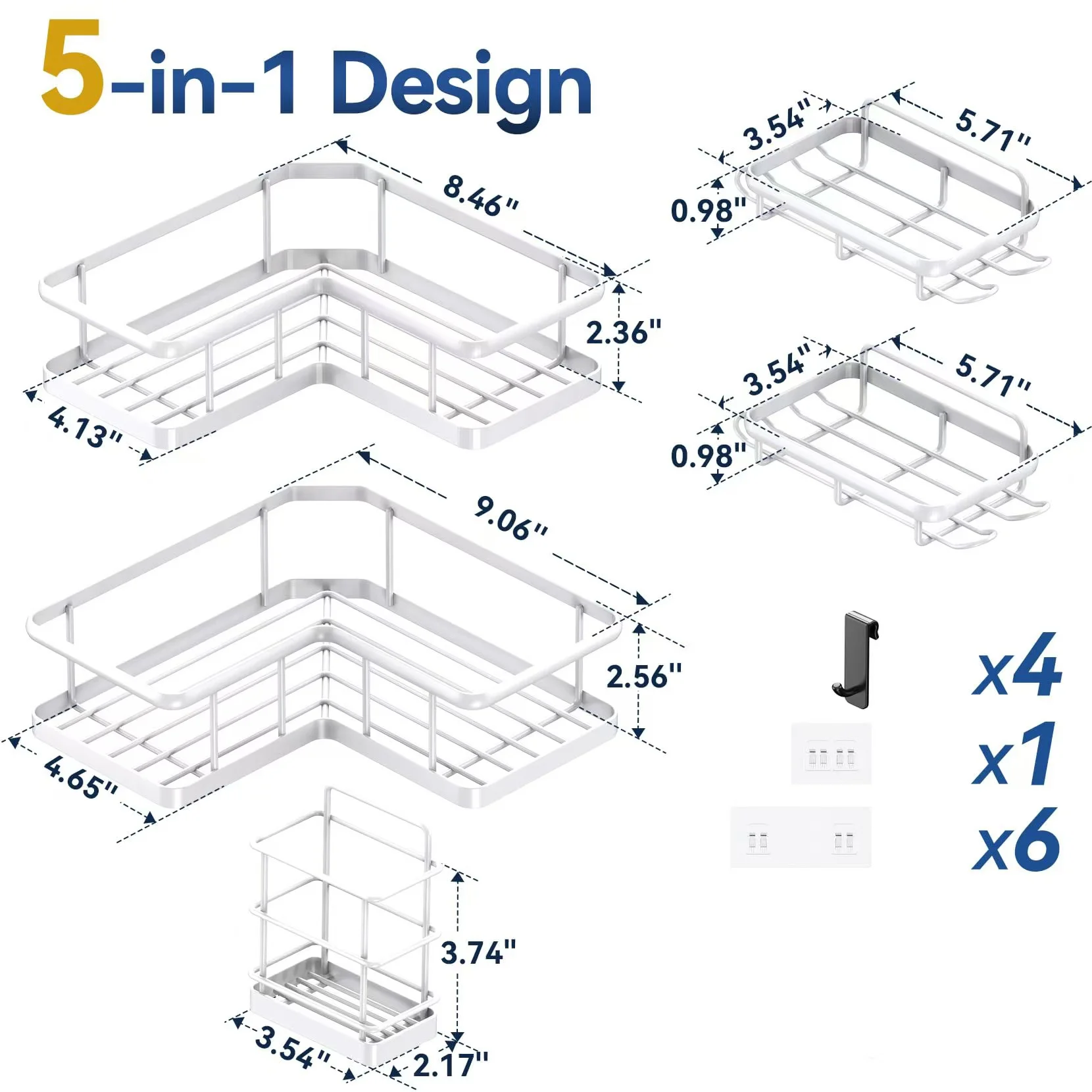 5 Pack Corner Shower Caddy Adhesive, 100% Rustproof Shower Organizer with Soap and Troothbrush Holder, No Drill Shower Shelf for Inside Shower, Wall-Mounted Shower Storage for Homes