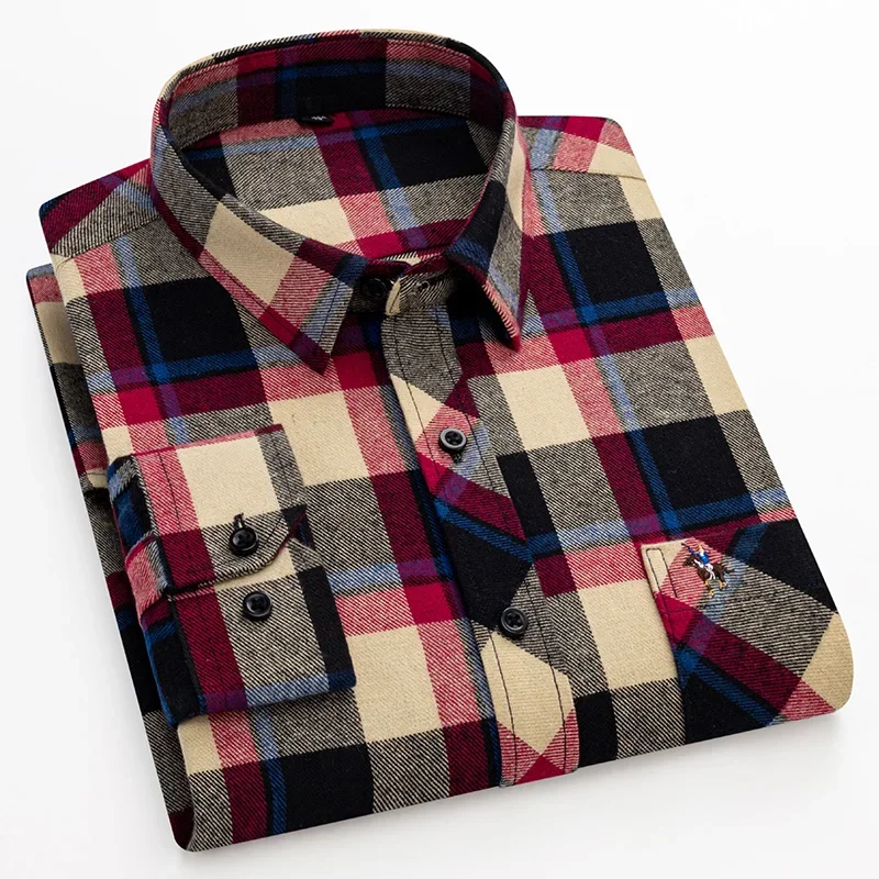 Men\'s Flannel Shirts Cotton Plaid Long Sleeve Casual Vintage Men Clothes Winter Daily Large Size Business Smart Dress Shirts