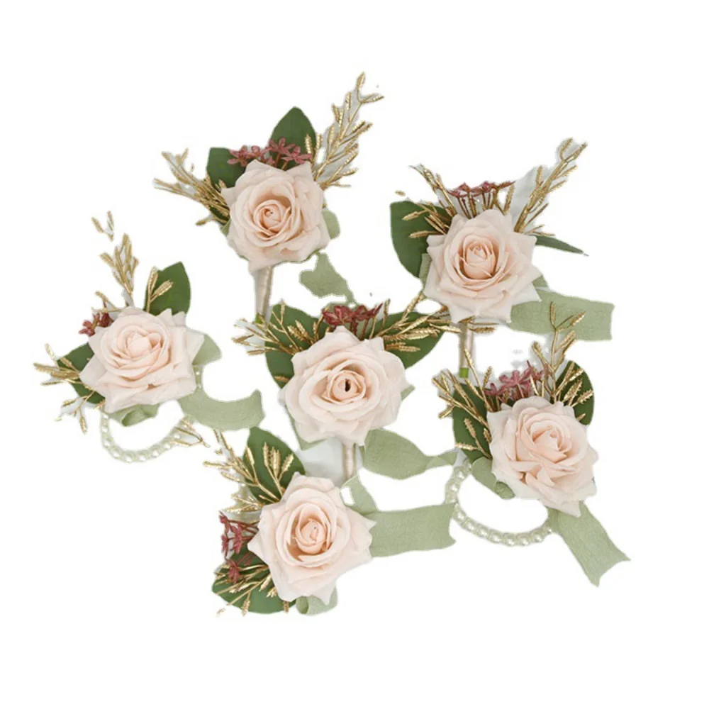 Fiori da donna Boutonnieres da sposa per spille da ospite rosa chiaro seta rosa corpetto da polso damigella d'onore Groomsmen muslimacome