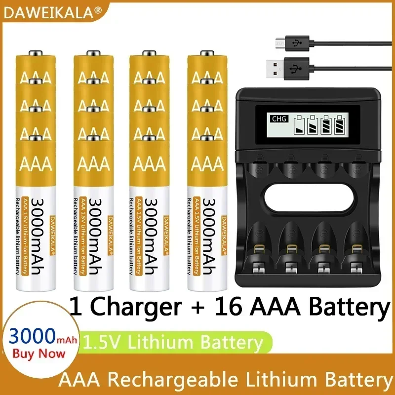AAA Battery 1.5V Rechargeable 3000mAh Lithium-ion Battery AAA Battery for remote control mouse Electric toy with USB charger