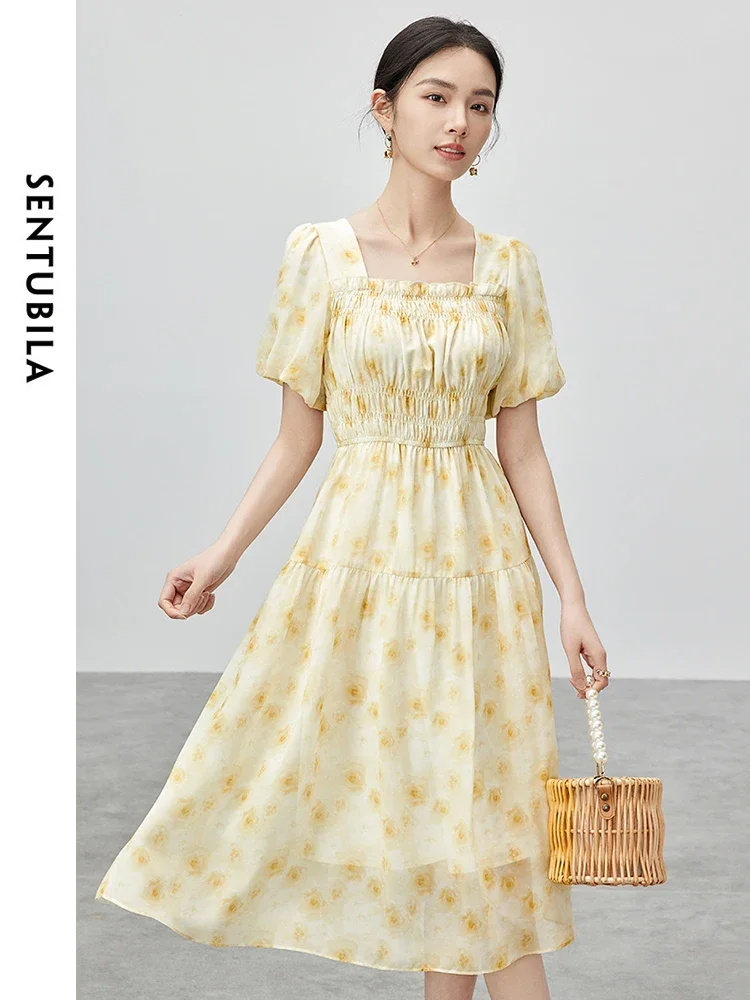 

SENTUBILA Square Collar Floral Summer Dress Women 2024 Fashion Short Sleeve Printed Tied Back French Vacation Dresses W42L54918