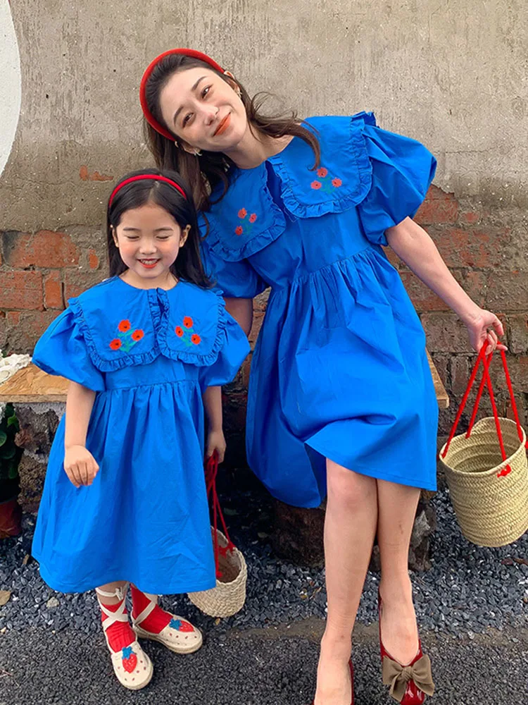 Summer parent-child dress Net red mother and daughter blue embroidered collar dress Summer  Dresses  family outfit matching