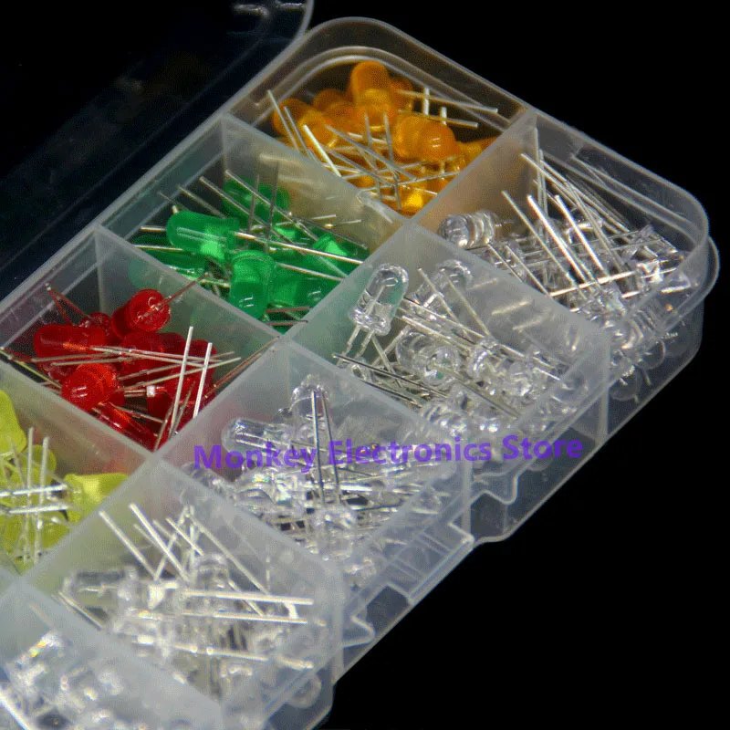 200 Stuks 5Mm Led Diode Kralen Set Box Wit/Blauw Geel Rood Groen Oranje Haar Blauw Geel Rood Groen Oranje Oranje Ronde Hoofd Dip