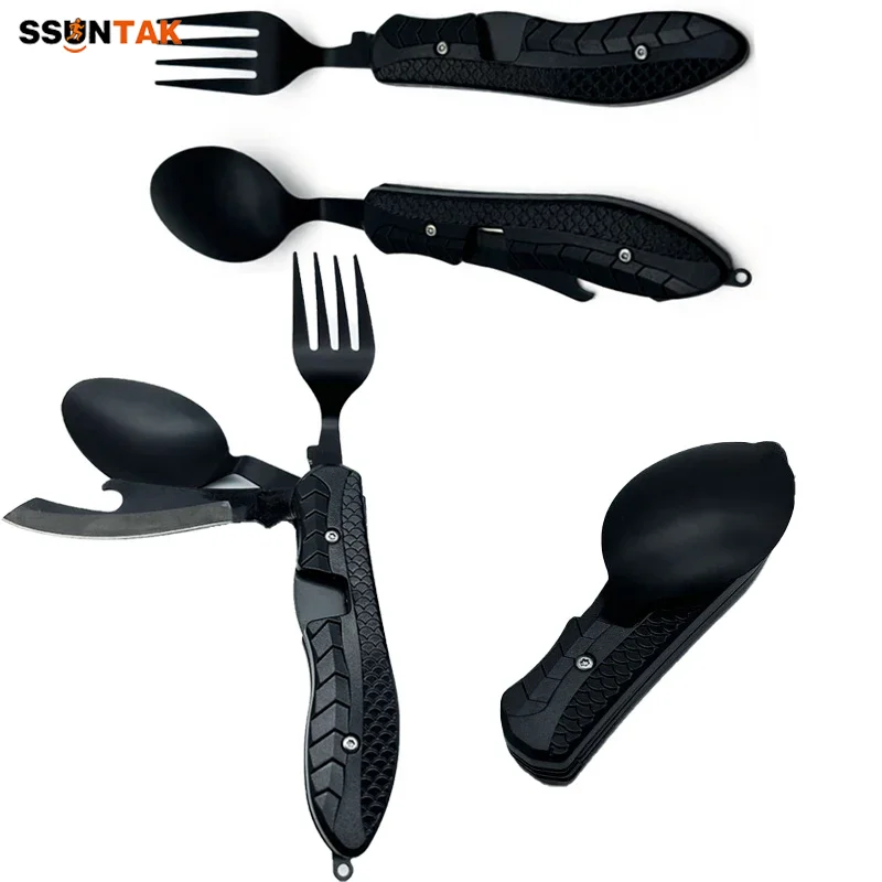 

SSUNTAK Portable Stainless Steel Foldable Utensils Multitool Spoon Fork Knife Bottle Opener Combo Set for Outdoor Travel Picnic