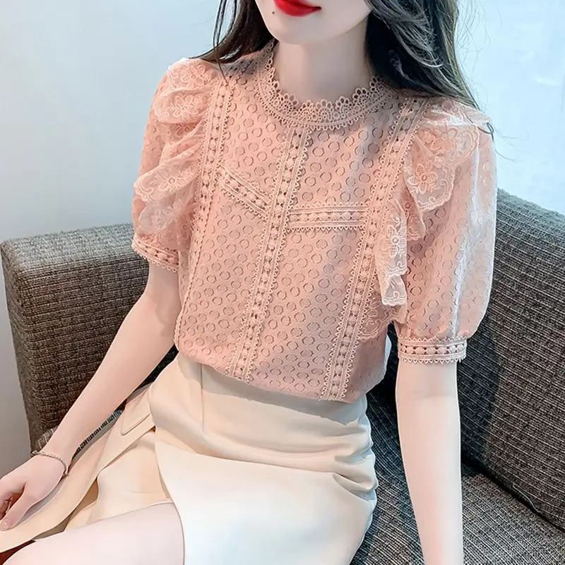 Summer Office Lady Lace Pullover Patchwork Women\'s Clothing Short Sleeve Hollow Out Round Neck Chiffon T-shirt Elegant Tops