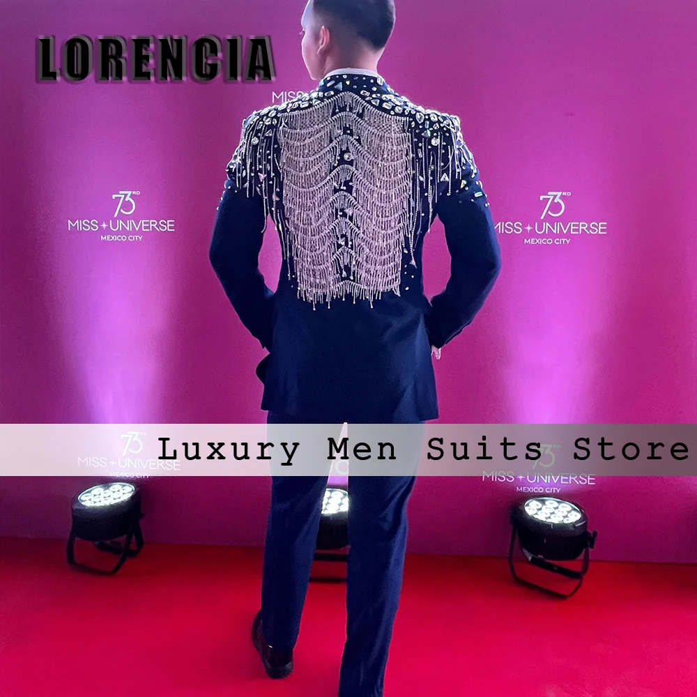 Elegant Rhinestone Suits for Male 2 Pieces Beading Tassel Groom Tuxedos Wedding Outfits Customized Blazer Pants fatos de homem