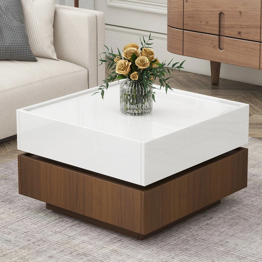 Square 360 ° Rotating Coffee Table With 2 Drawers, High Gloss 2-layer Walnut Table With Rotating Table Top And Storage Space